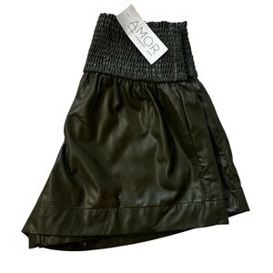 NWT Moss Green Faux Leather Smocked Shorts Women Small High Rise CP9379